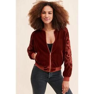 Skies Are Blue Lisanne Velvet Bomber Jacket Embroidered Rust Red Size L